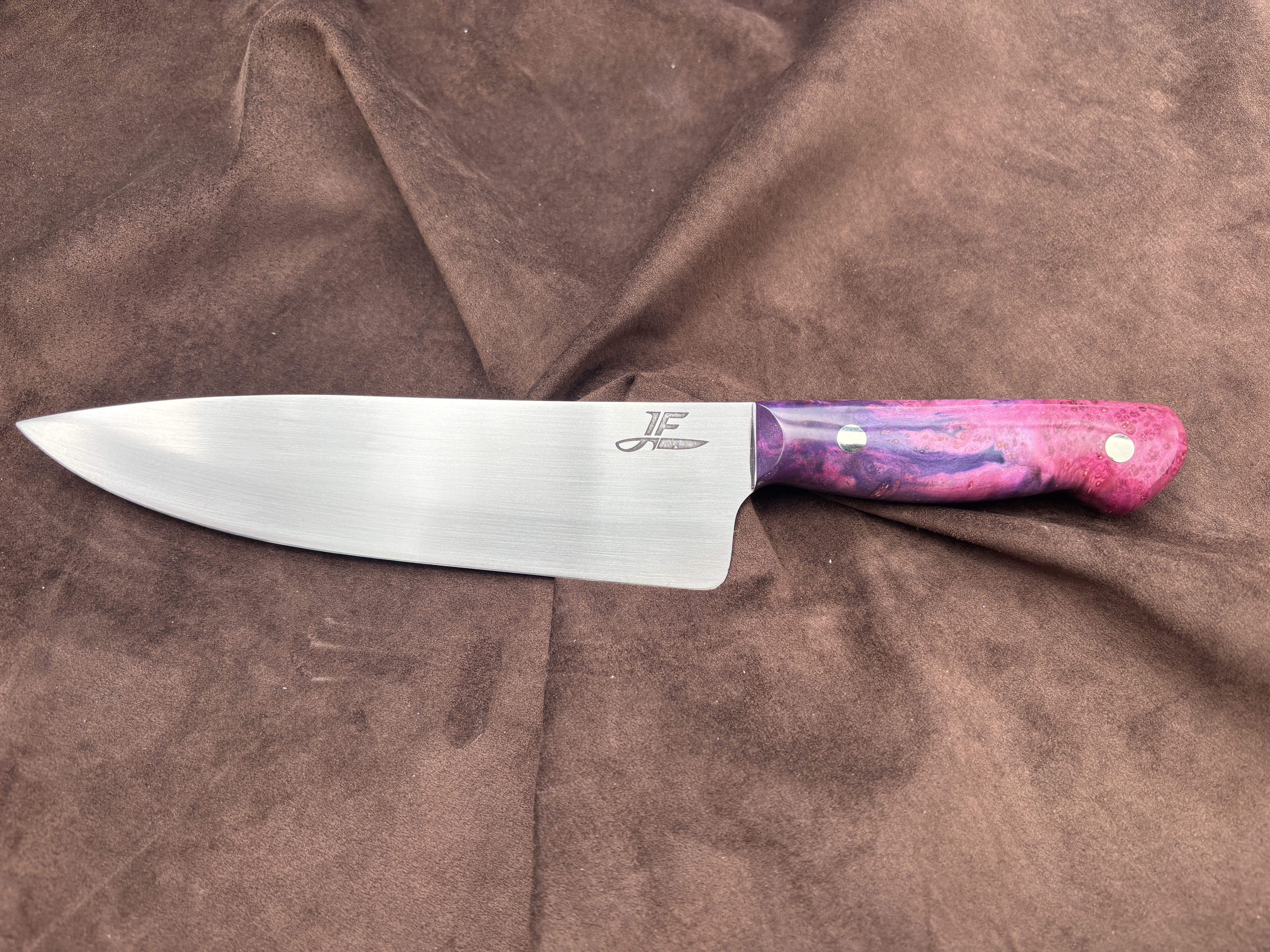 Chefs knife with pink/purple dyrf boxwood handles - front view