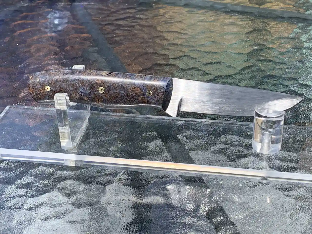 Bushcraft knife with dyed black ash burl handles - Back view
