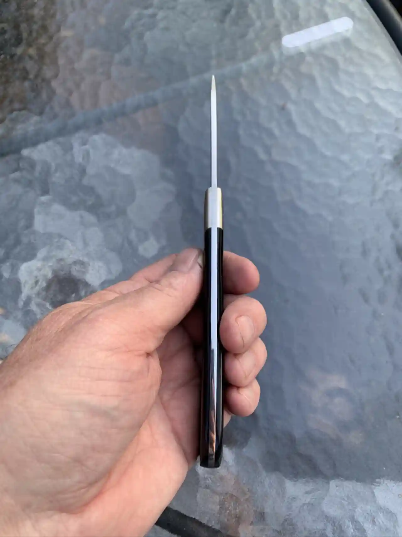 1084 carbon steel slim hunter with black micarta handles - spine view