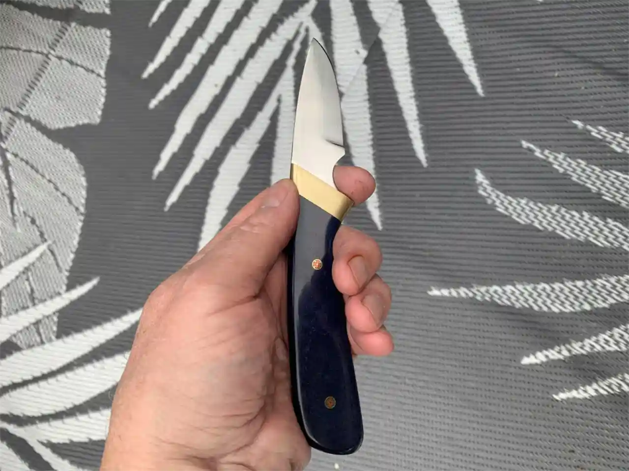 Stainless steel slim skinner with canyon blue Richlite handles - handheld