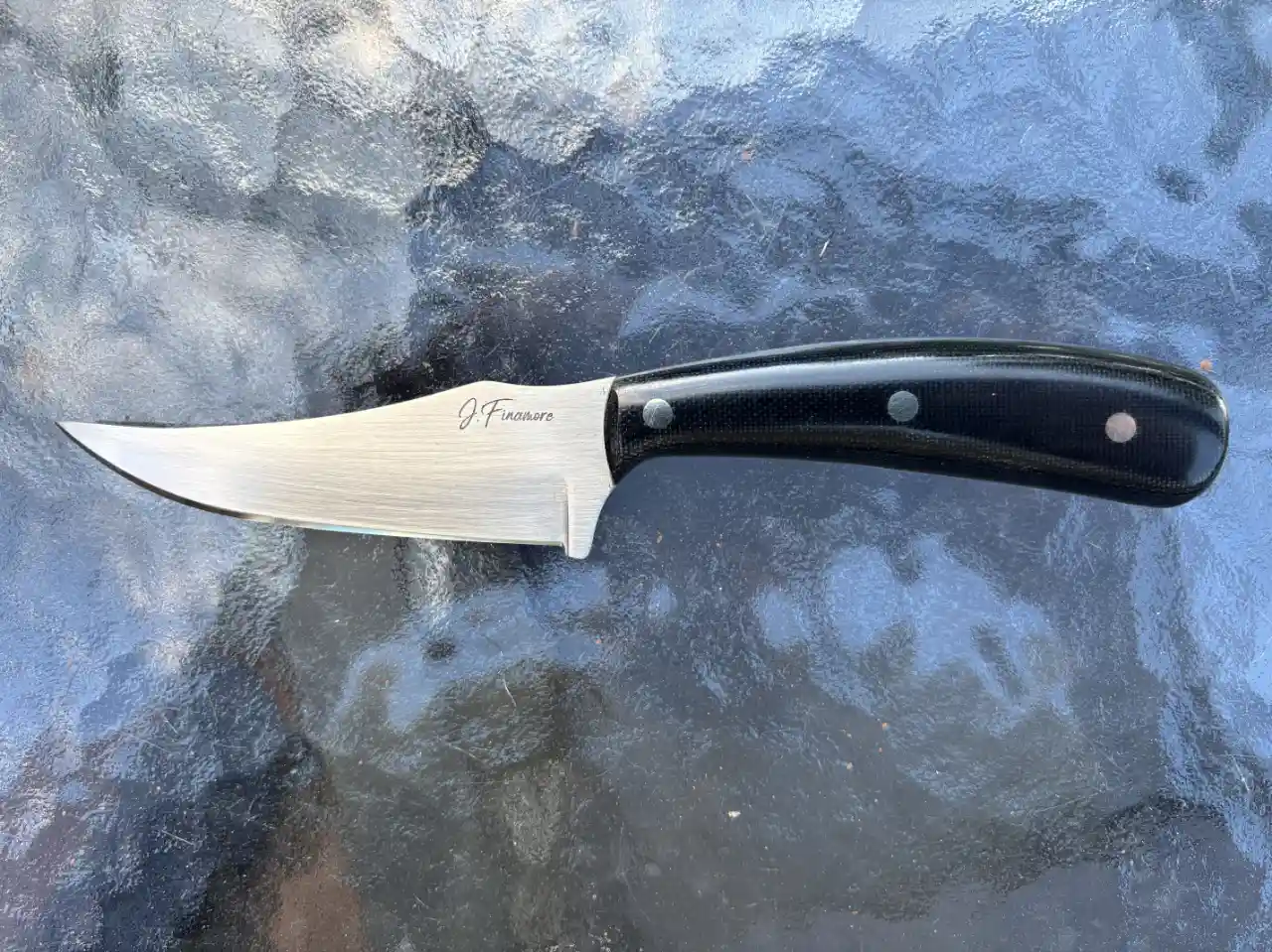 1084 carbon steel Sharpfinger with black canvas micarta handles - front view
