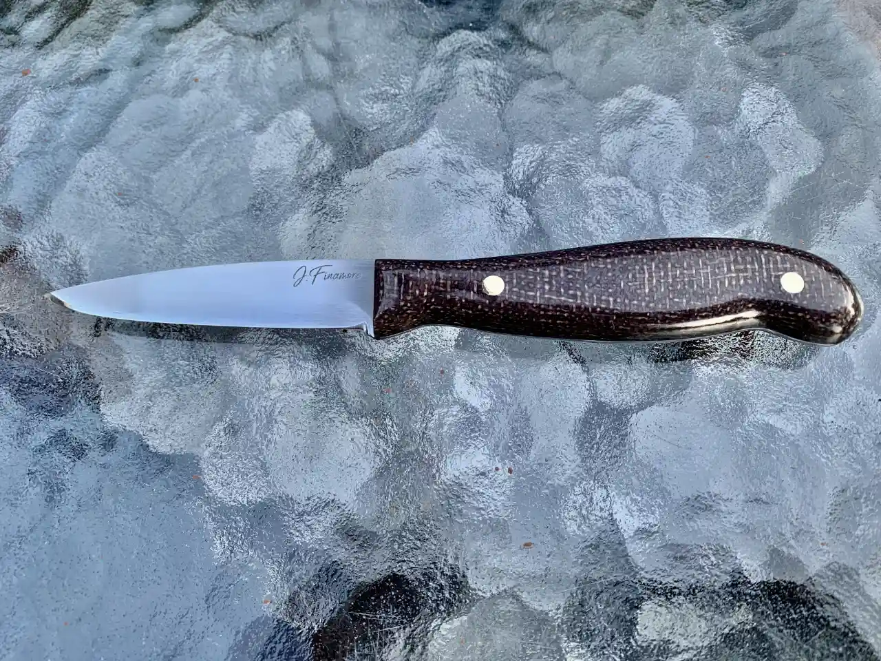Kitchen paring knife with bison colored micarta handles - front view