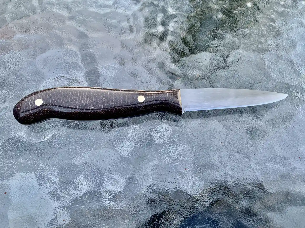 Kitchen paring knife with bison colored micarta handles - rear view