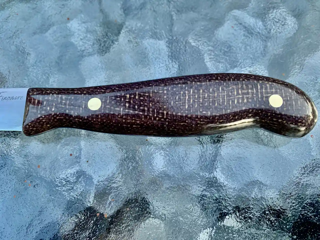 Kitchen paring knife with bison colored micarta handles - closeup of handle front view