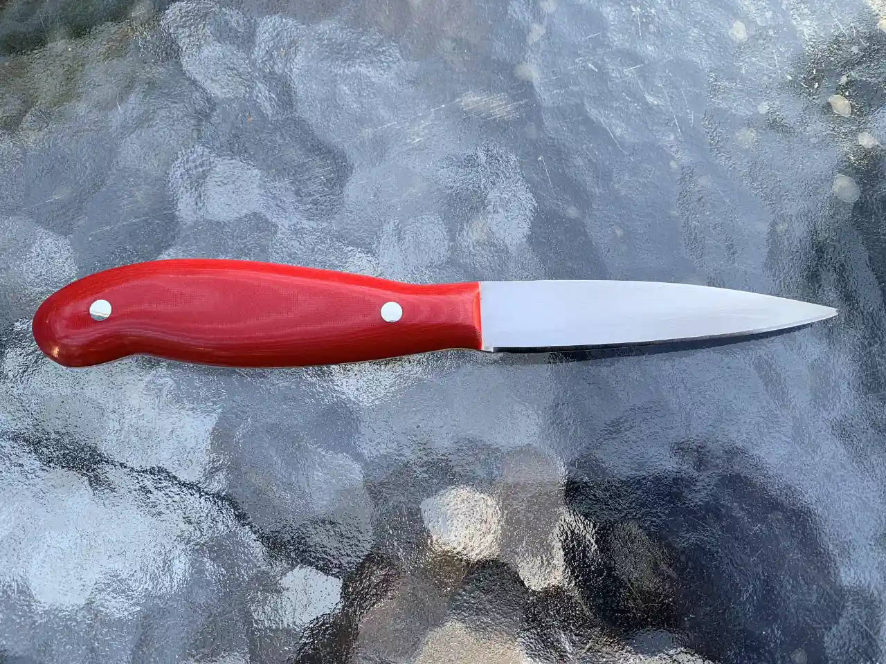 Kitchen paring knife with ruby red micarta handles - rear view