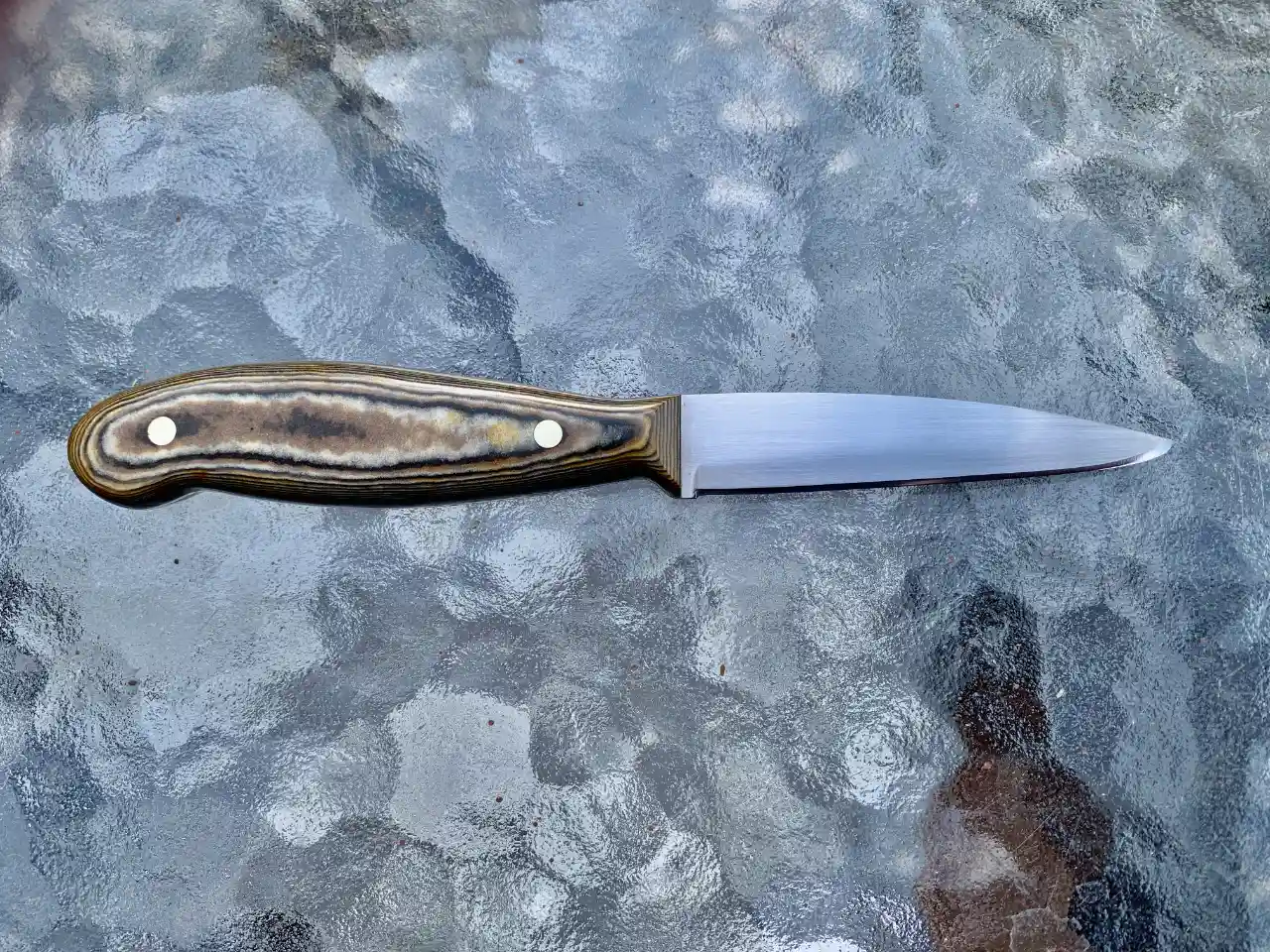 Kitchen paring knife with tri-colored Richlite handles - rear view