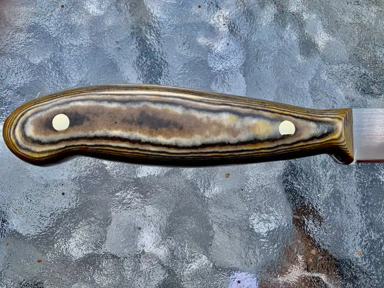Kitchen paring knife with tri-colored Richlite handles - closeup of handle rear view
