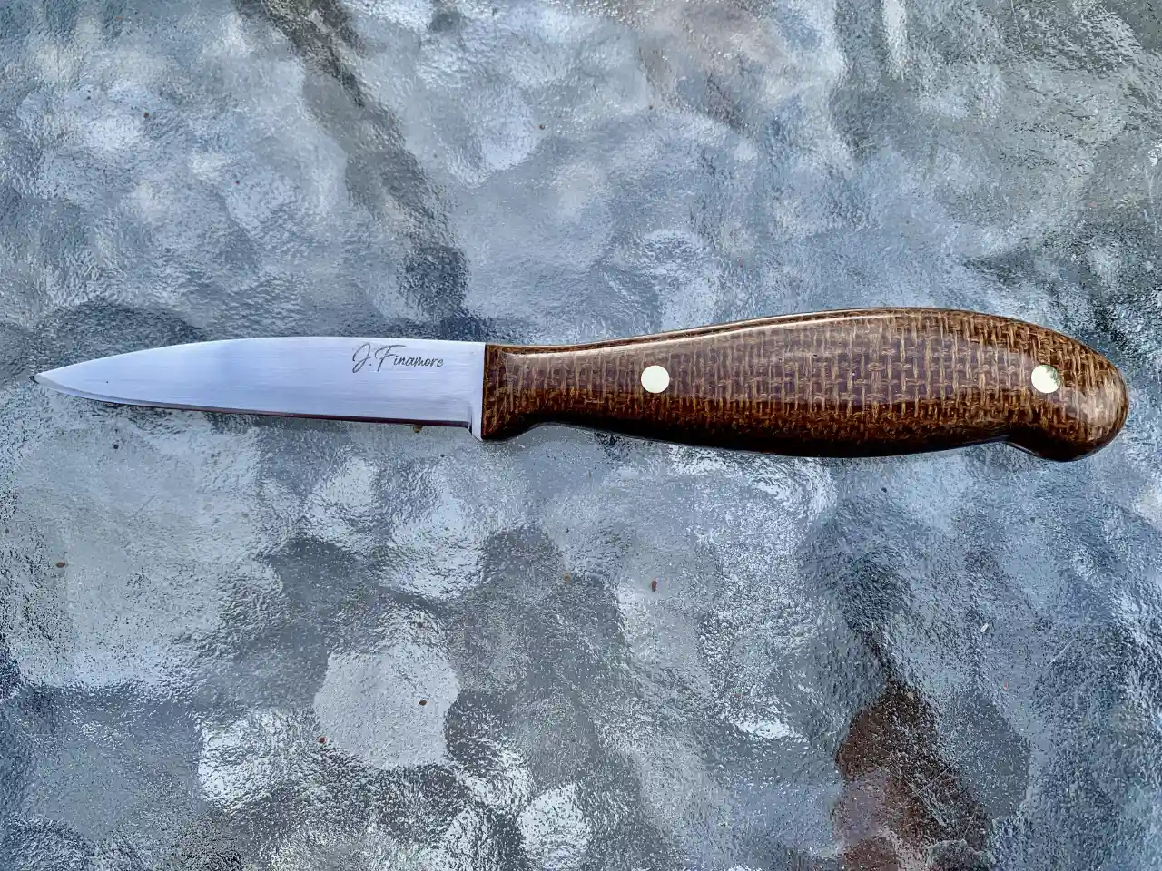Kitchen paring knife with natural burlap micarta handles - front view