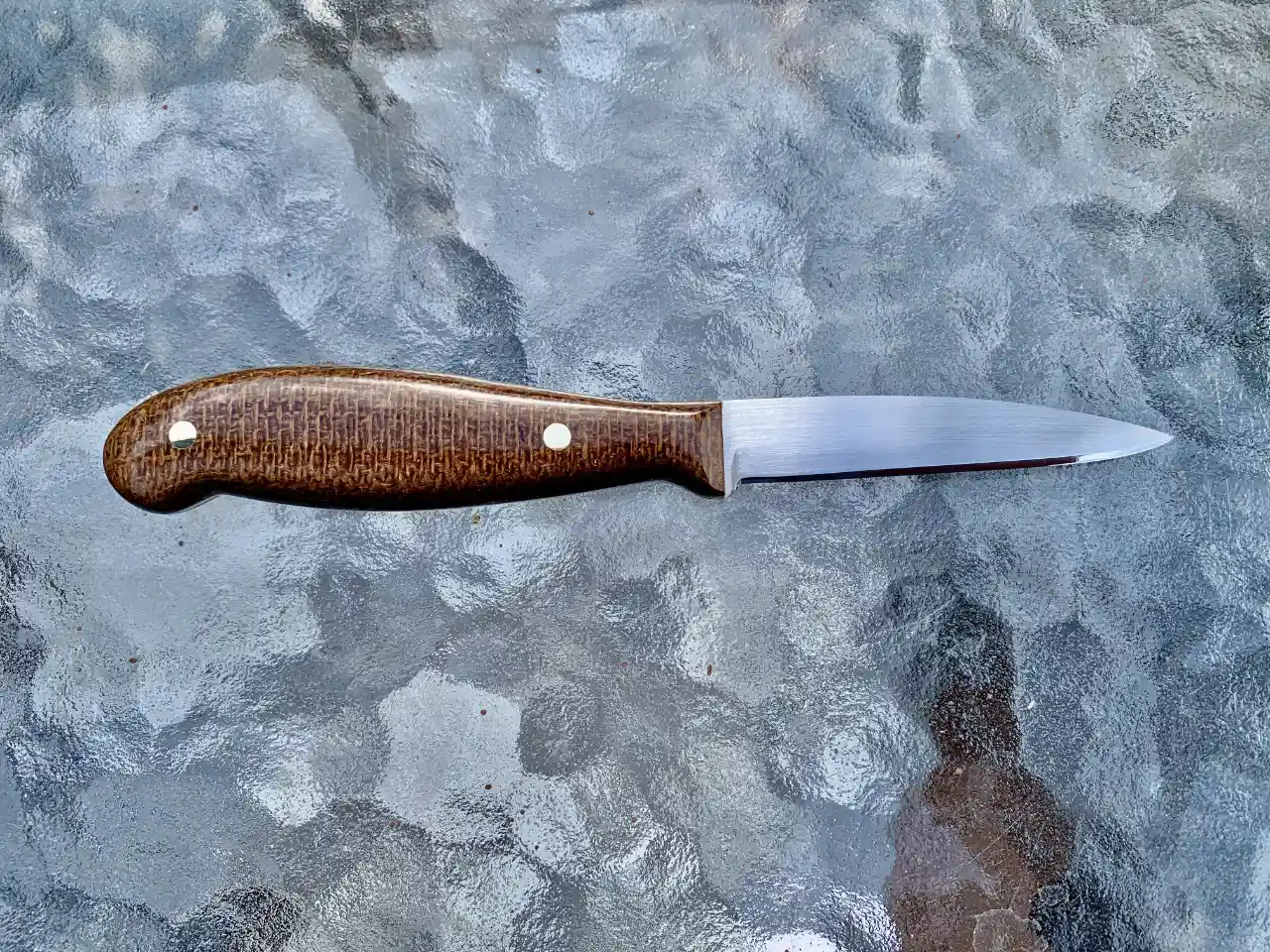 Kitchen paring knife with natural burlap micarta handles - rear view