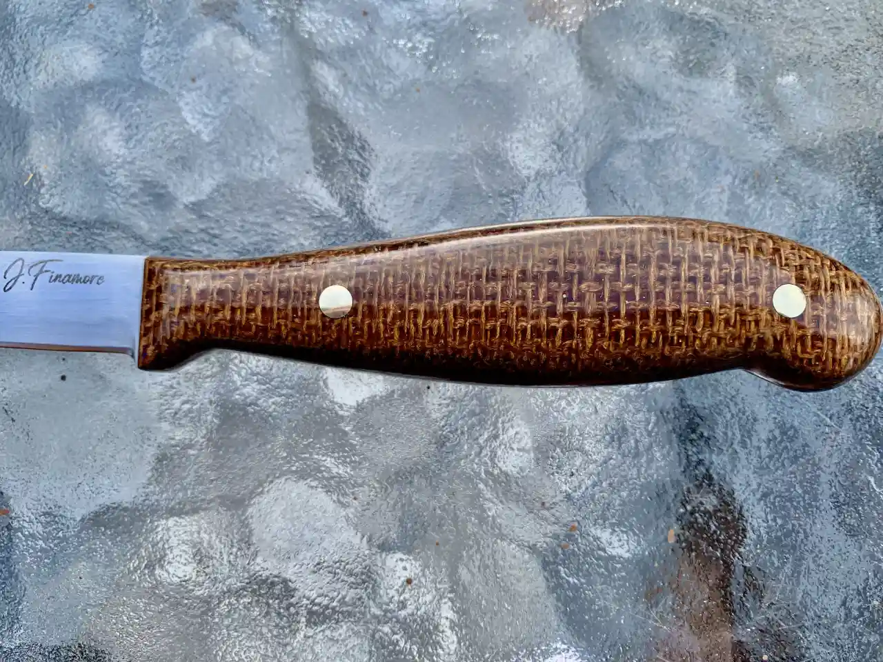 Kitchen paring knife with natural burlap micarta handles - closeup of handle front view