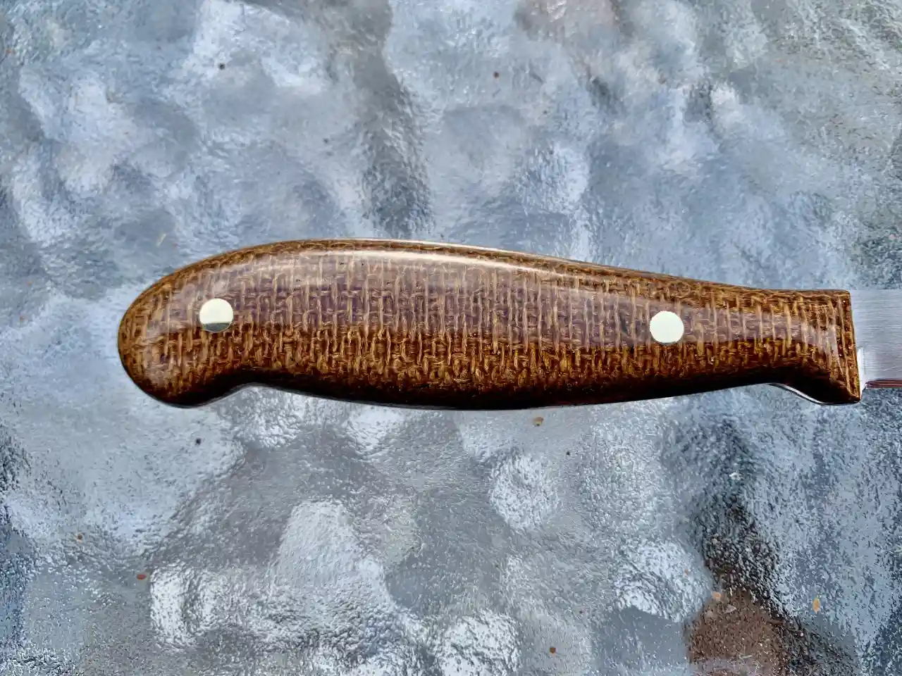 Kitchen paring knife with natural burlap micarta handles - closeup of hsandle rear view