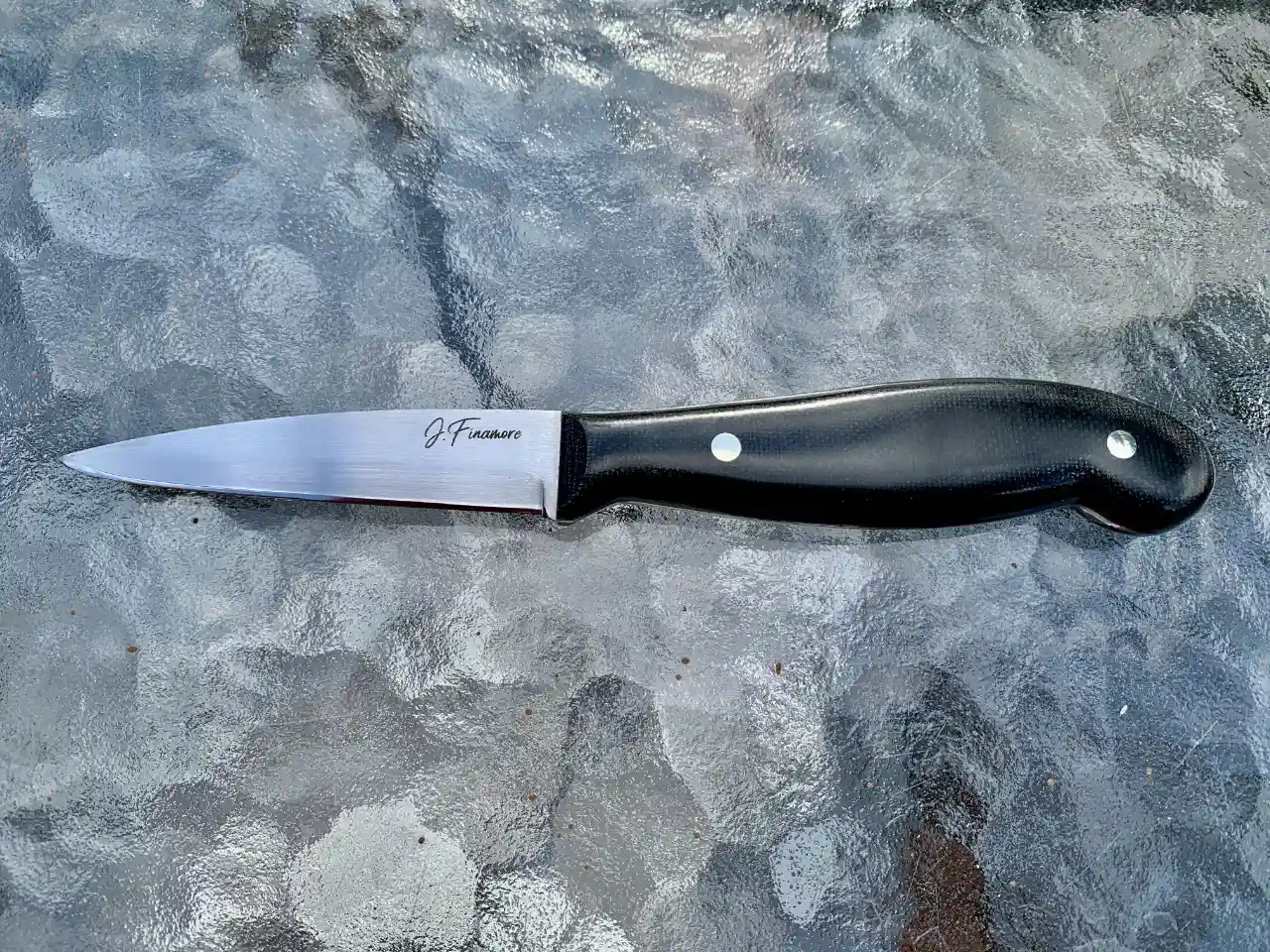 Kitchen paring knife with black micarta handles - front view