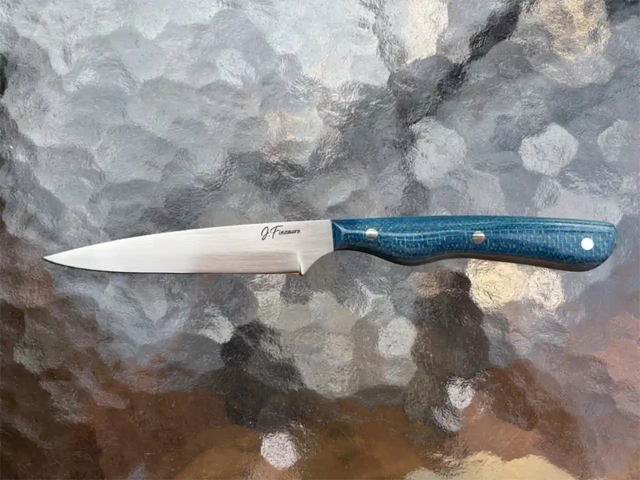 Bird and trout knife with admiral blue micarta handles - front view
