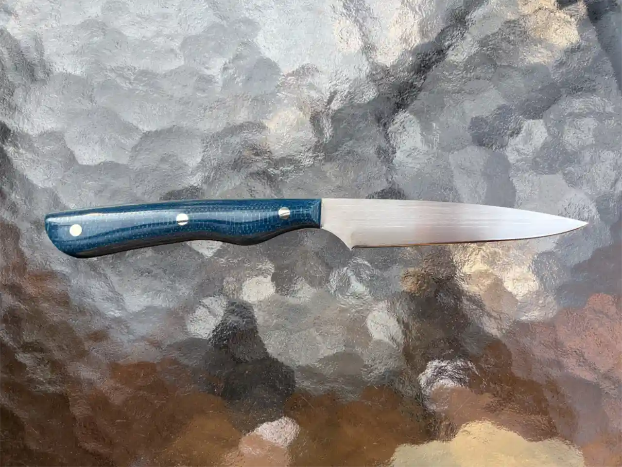 Bird and trout knife with admiral blue micarta handles - rear view