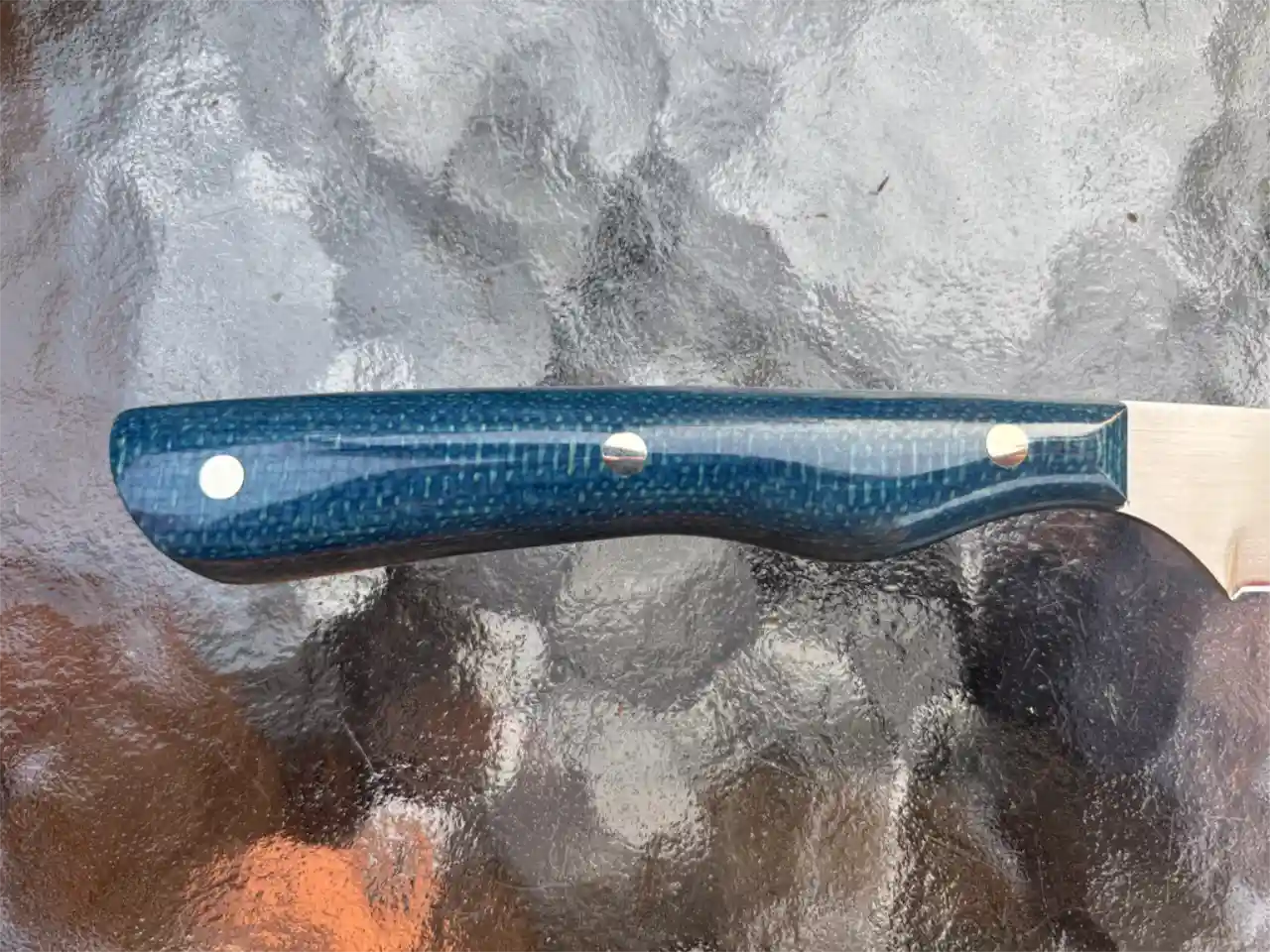 Bird and trout knife with admiral blue micarta handles - closeup view of handle, rear