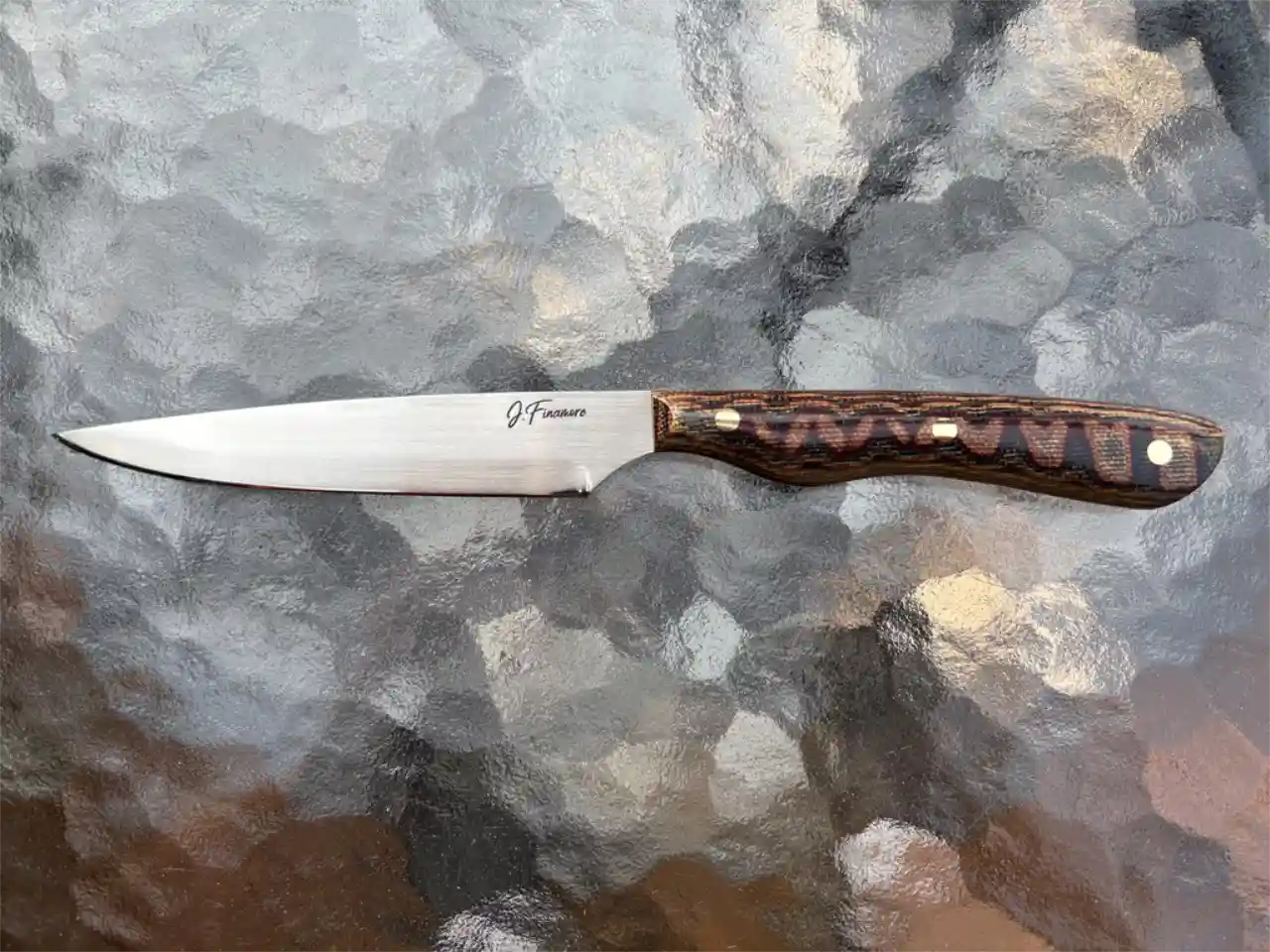 Bird and trout knife with python micarta handles - front view