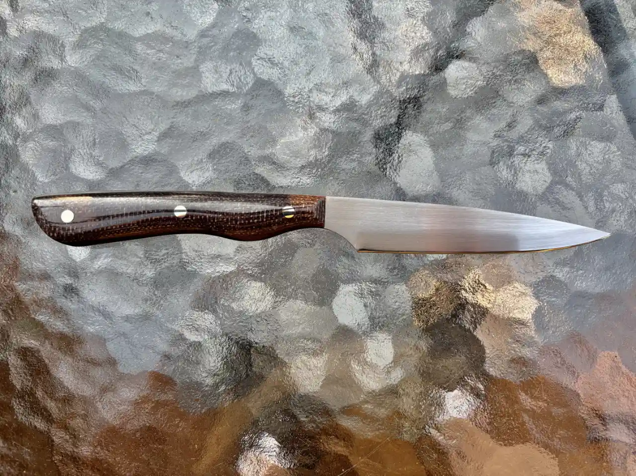 Bird and trout knife with bison colored micarta handles - rear view