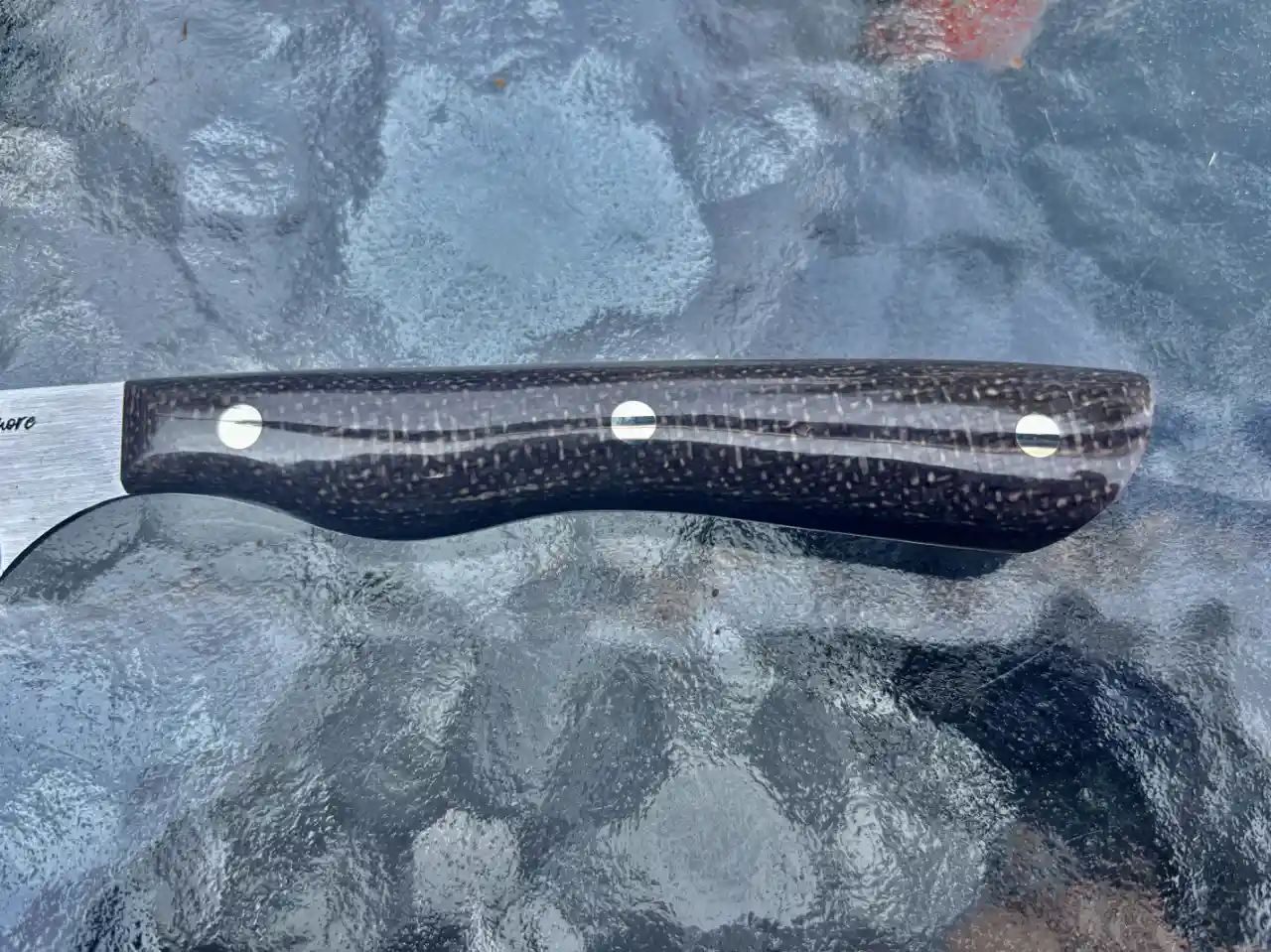 Bird and trout knife with bison colored micarta handles - closeup of handle, front view