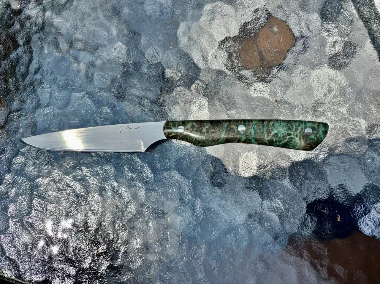 Bird and trout knife with dyed redwood burl handles - front view