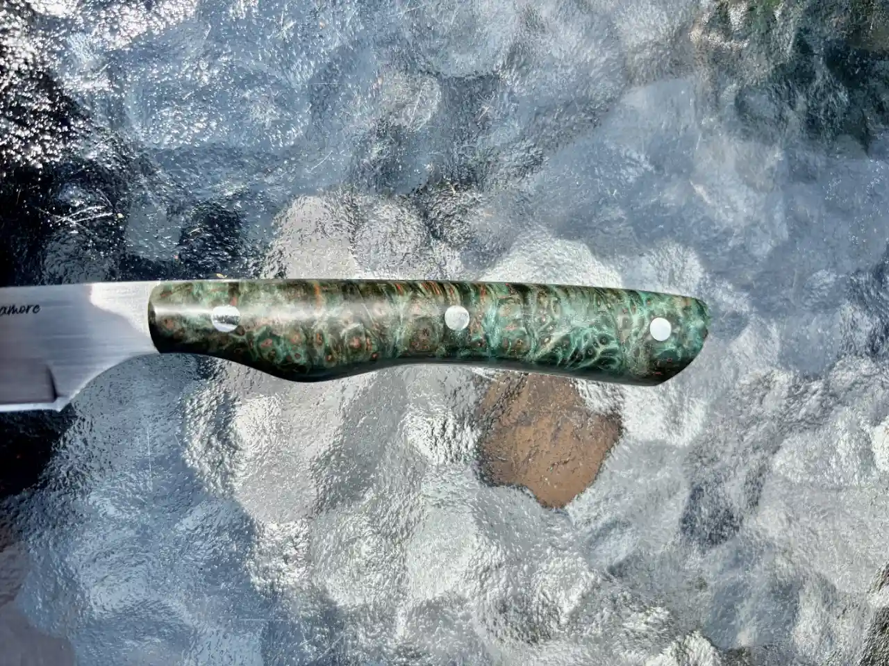 Bird and trout knife with dyed redwood burl handles - closeup of handle, front view