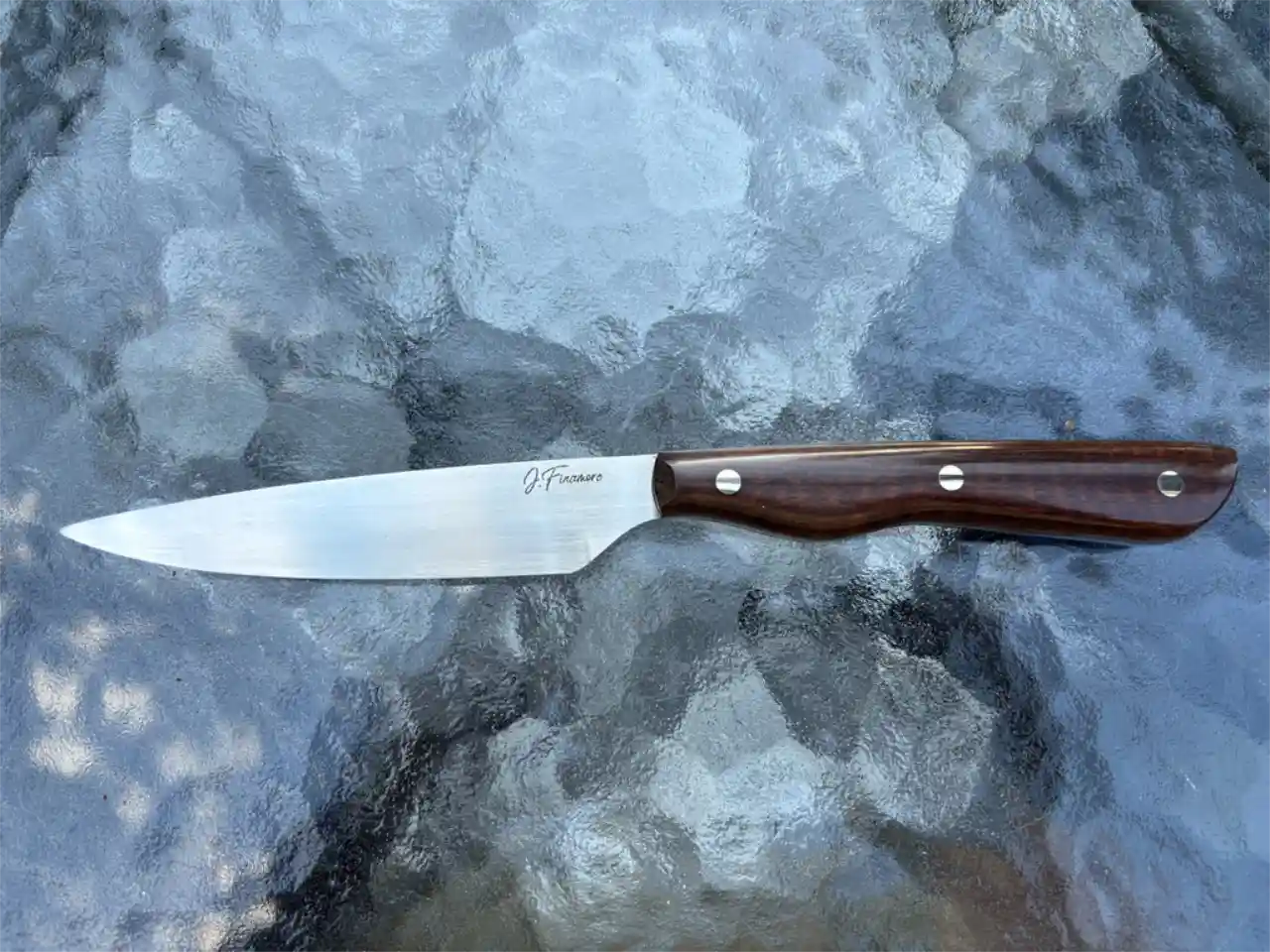 Bird and trout knife with stabilized snakewood handles - front view