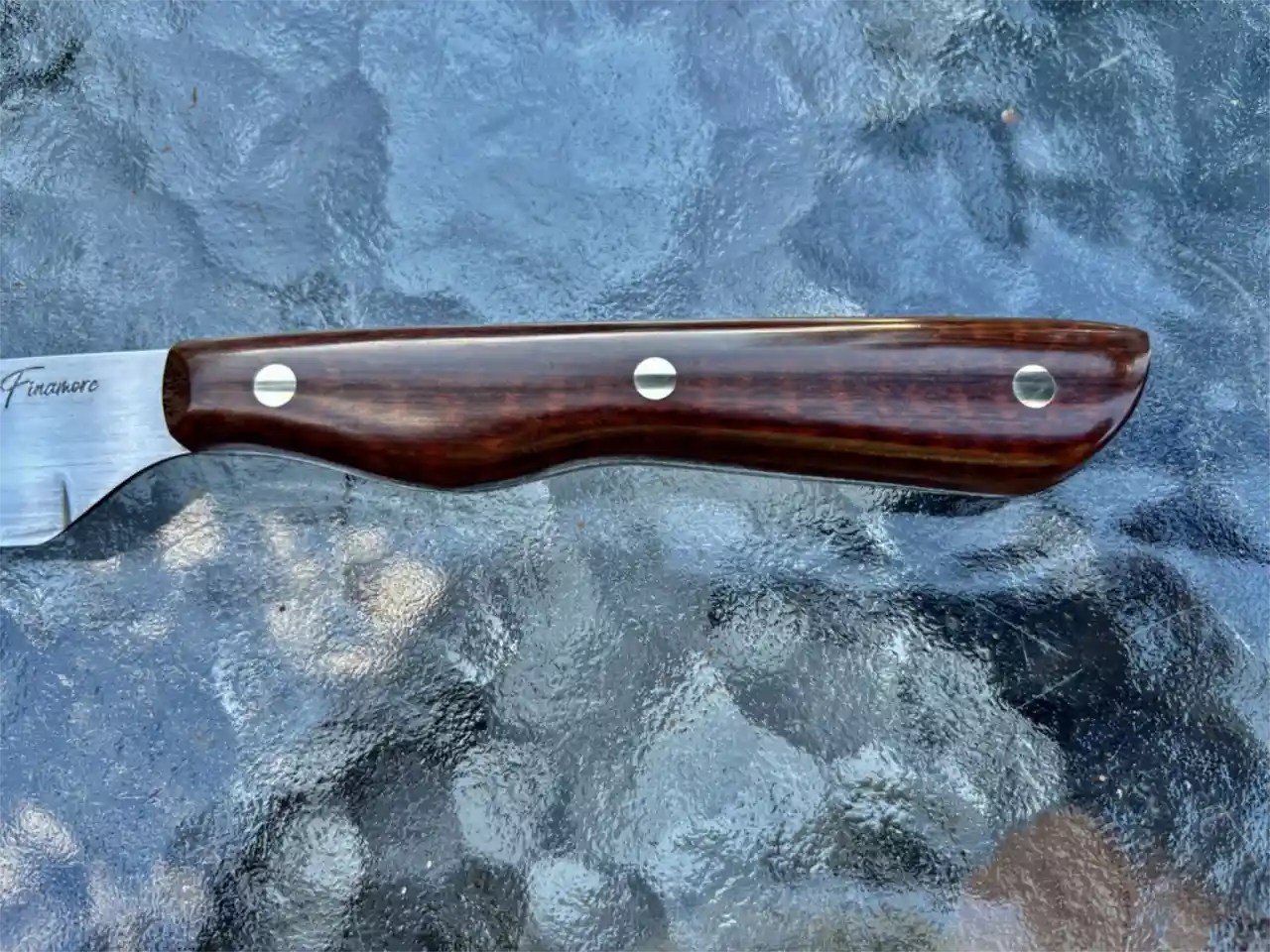 Bird and trout knife with stabilized snakewood handles - closeup of handle, front view