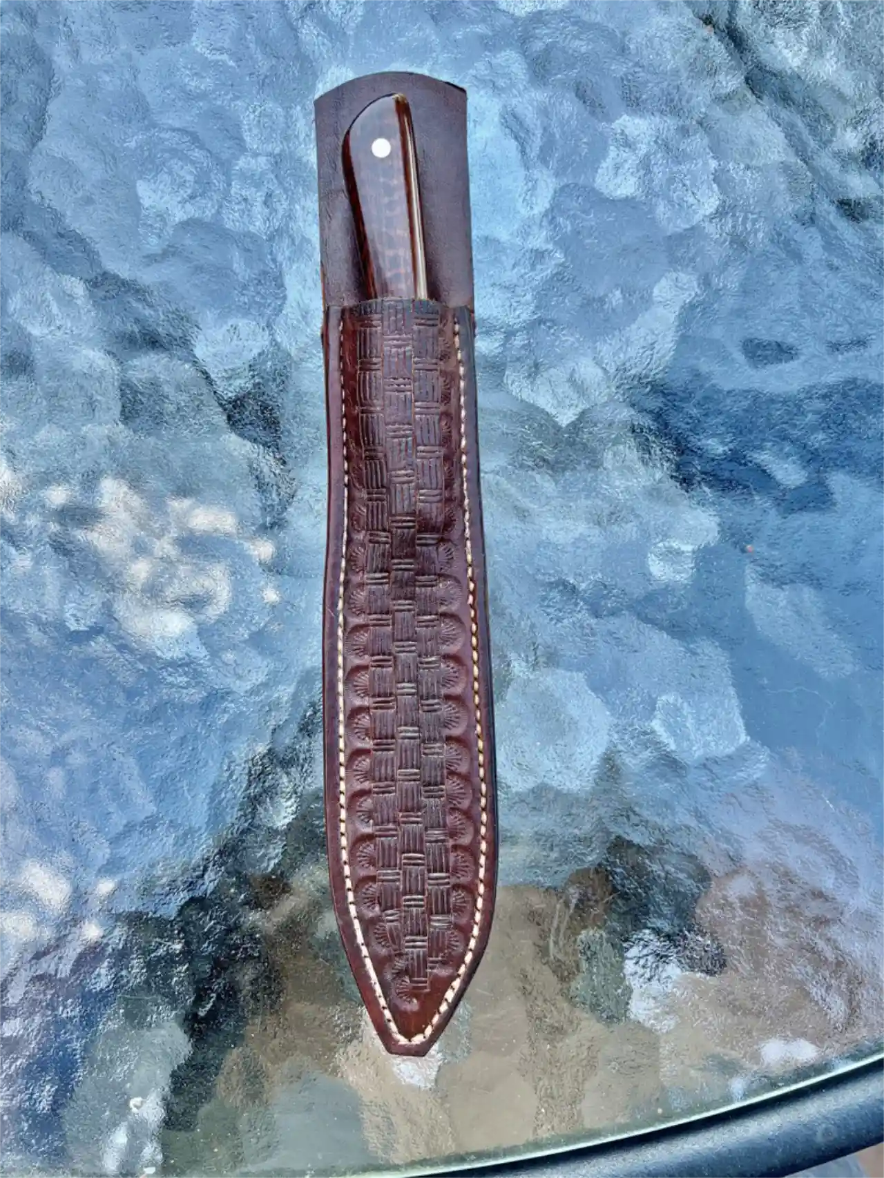 Bird and trout knife with stabilized snakewood handles in a hand tooled, leather sheath