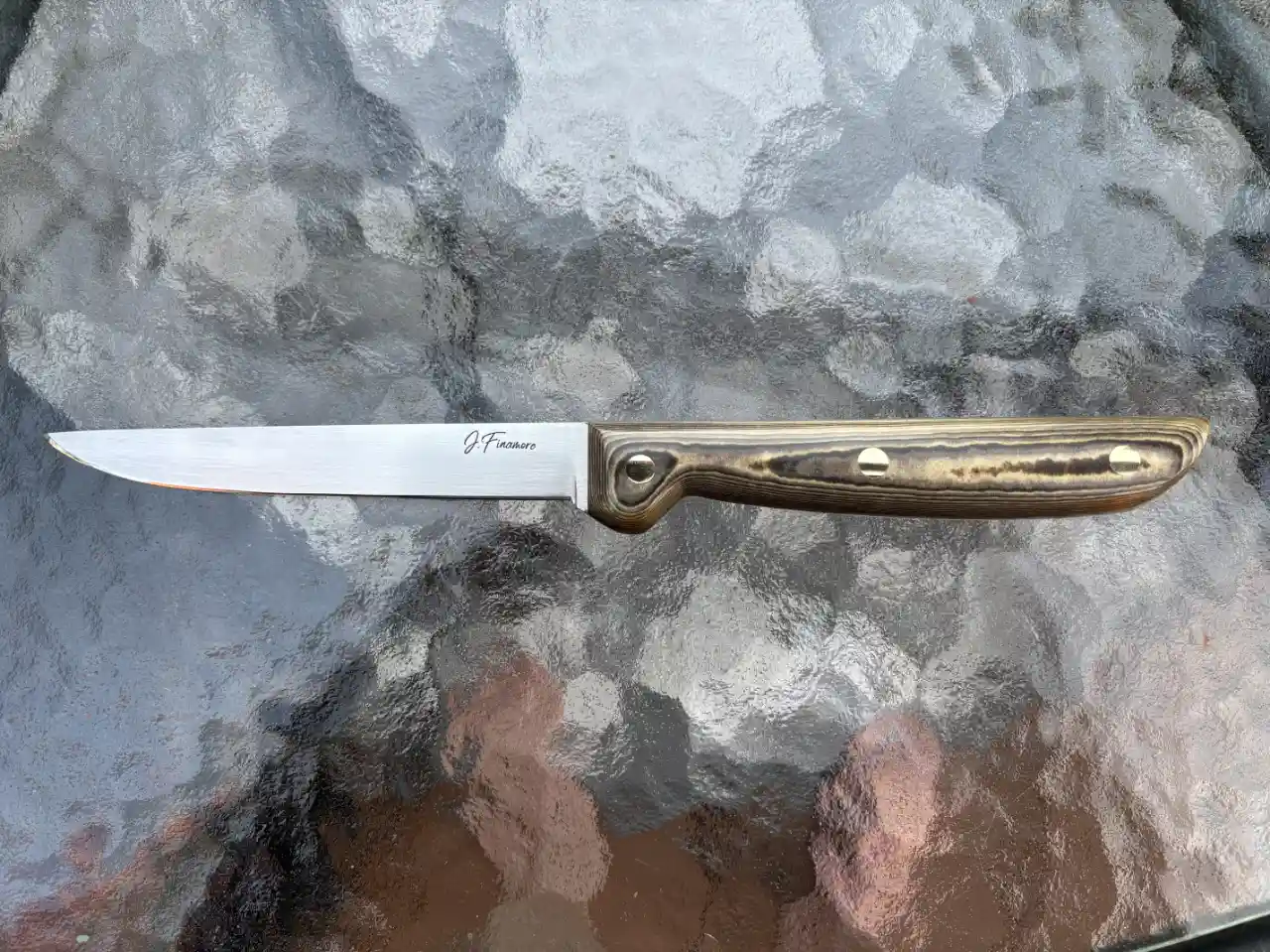 Kitchen boning knife with tri-color Richlite handles - front view