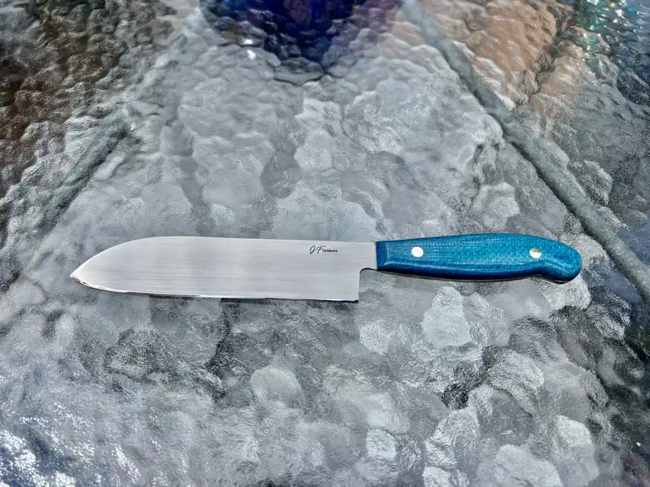 Kitchen chefs knife with admiral blue jute micarta handles - front view