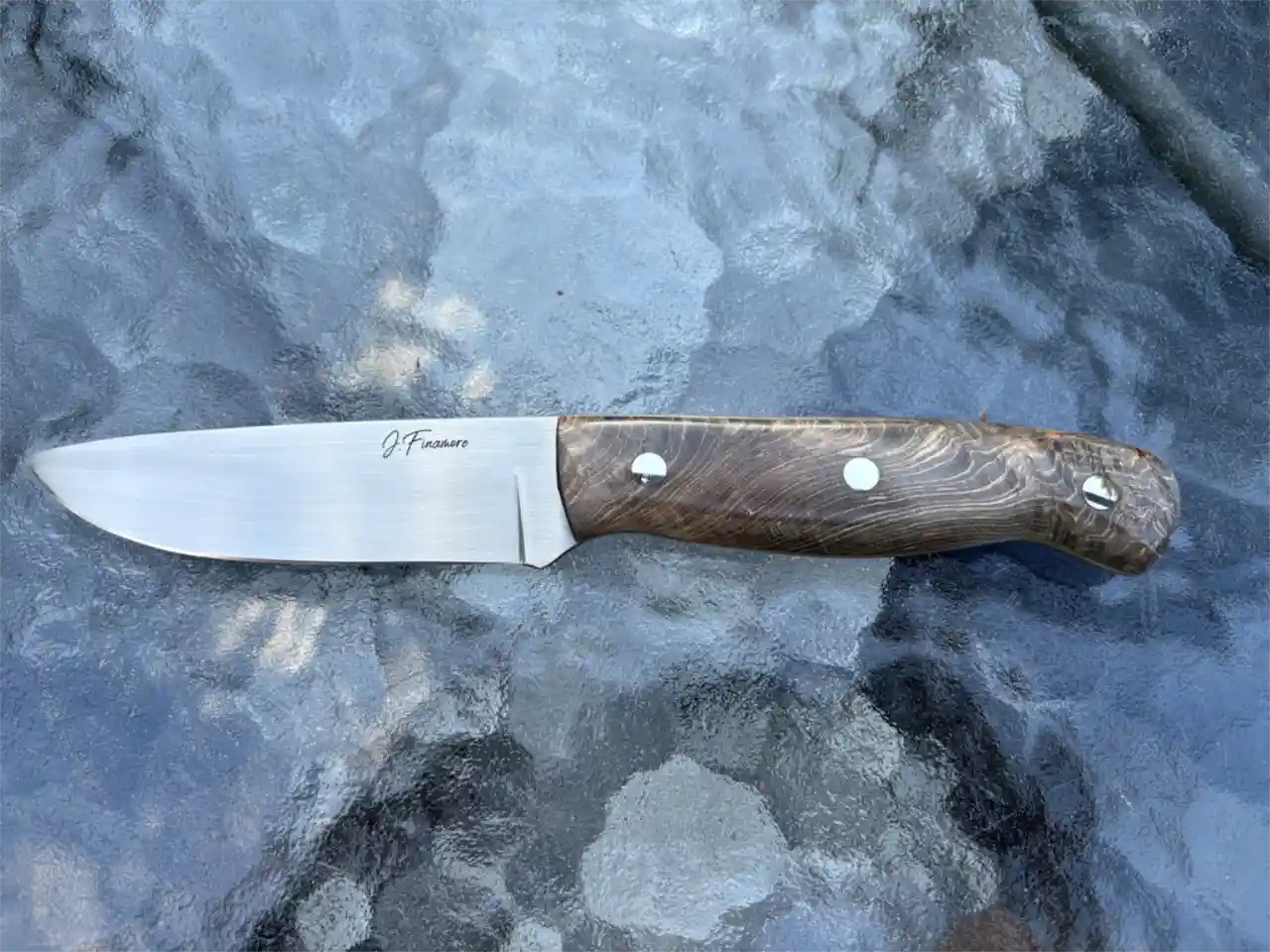 Bushcraft knife with dyed maple burl wood handles - front view