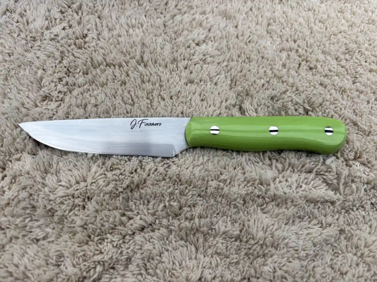 Kitchen paring knife with pistachio green micarta handles - front view