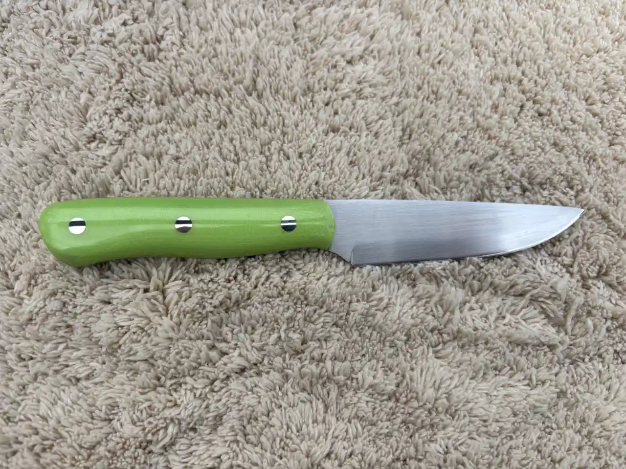 Kitchen paring knife with pistachio green micarta handles - rear view