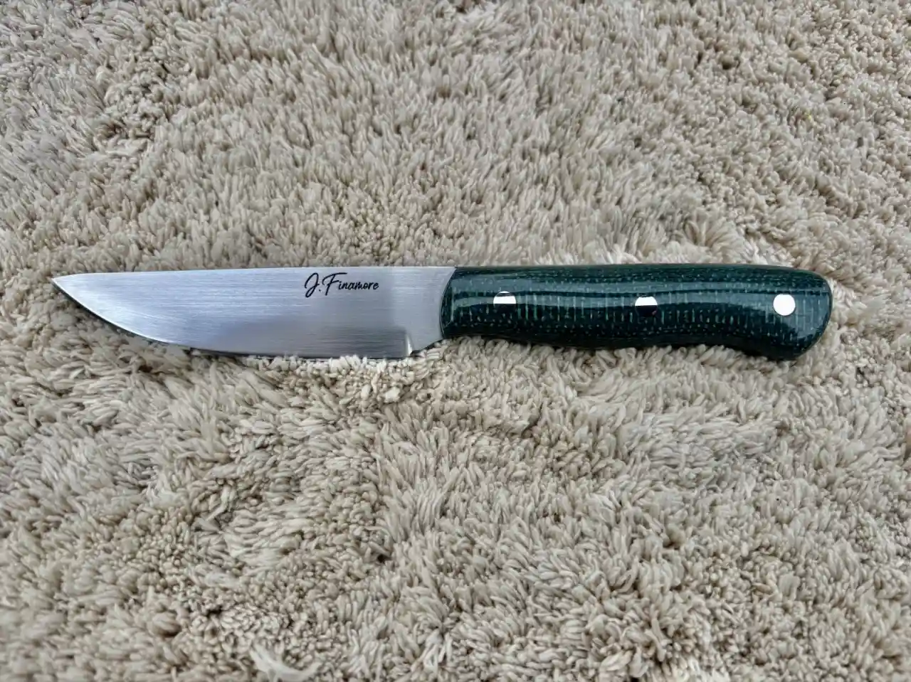 Kitchen paring knife with juniper green jute micarta handles - front view