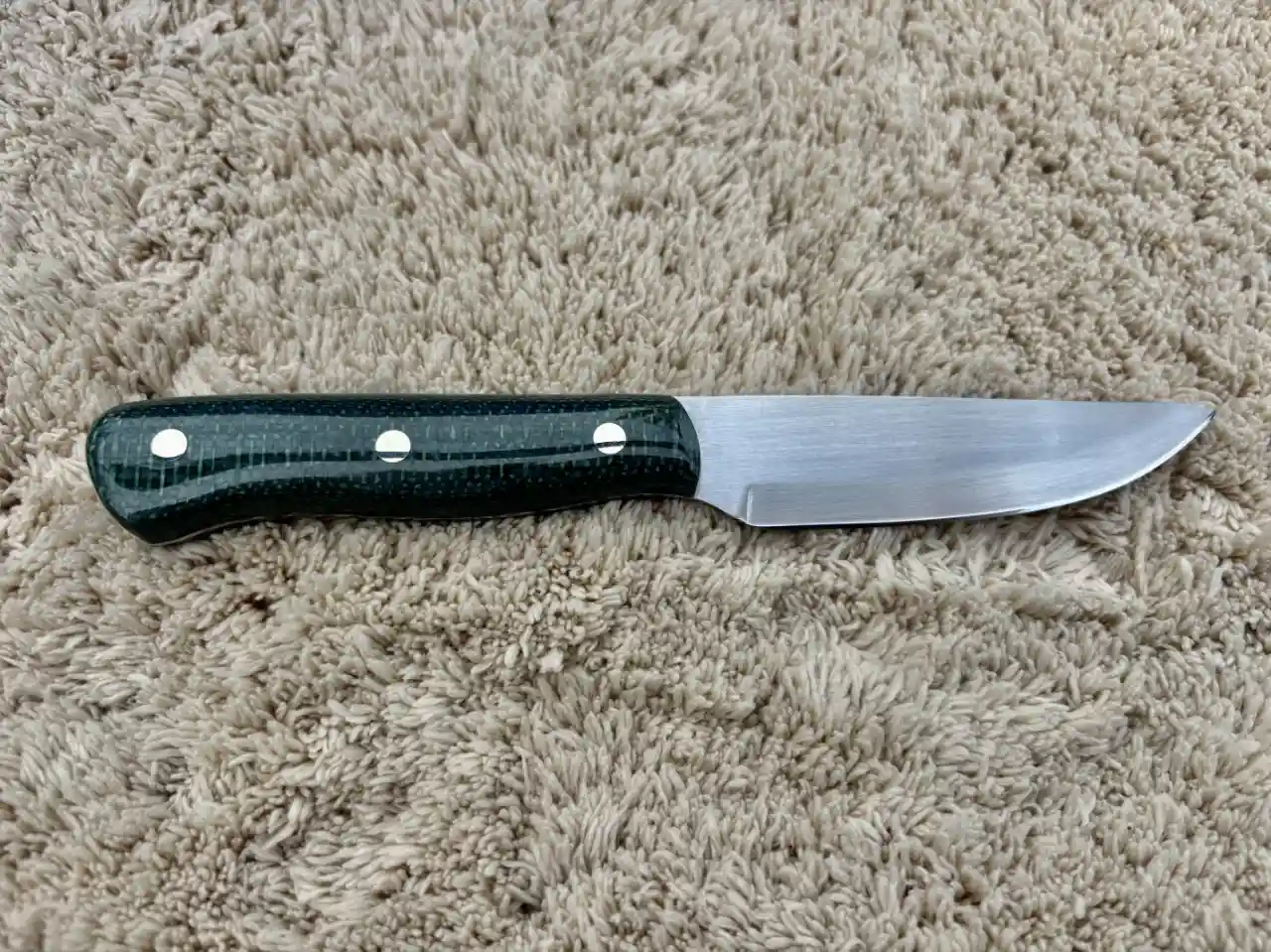 Kitchen paring knife with juniper green jute micarta handles - rear view