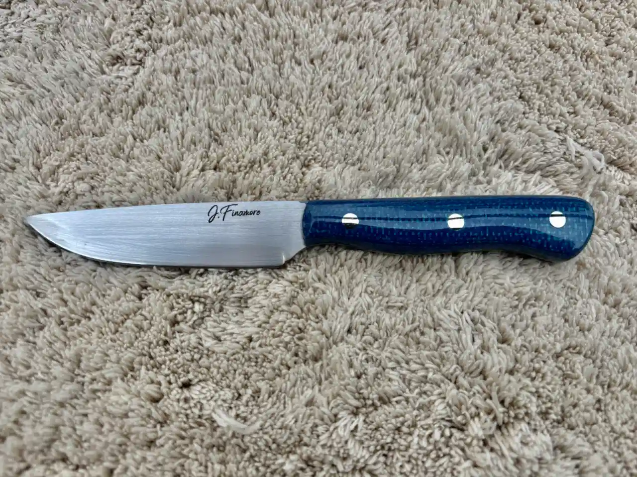 Kitchen paring knife with admiral blue jute micarta handles - front view