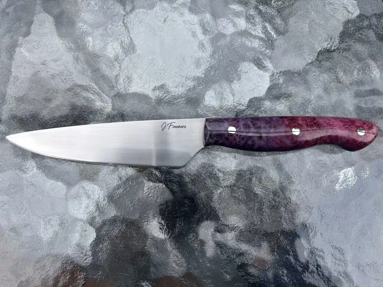 Kitchen utility knife with dyed, box elder wood handles - front view