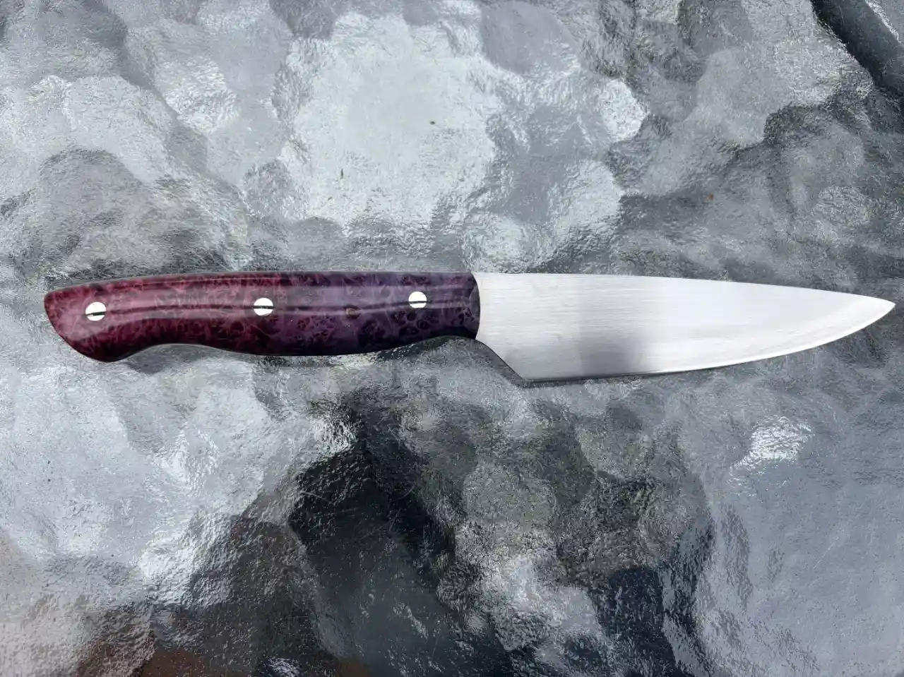 Kitchen utility knife with dyed, box elder wood handles - rear view