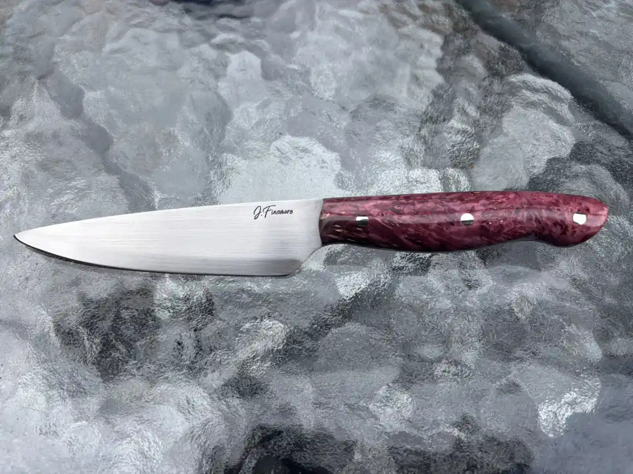 Kitchen utility knife with dyed box elder wood handles - front view