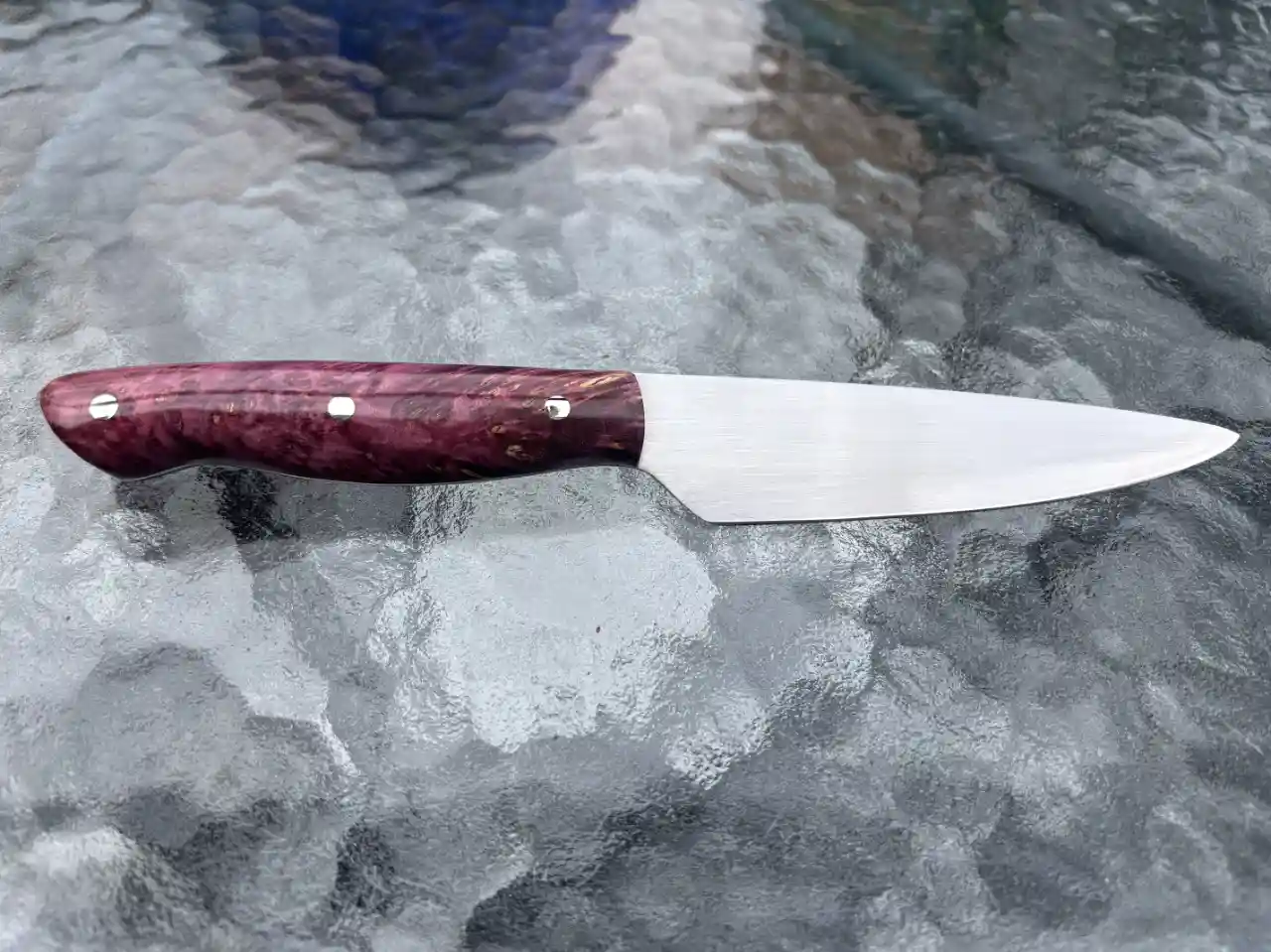 Kitchen utility knife with dyed box elder wood handles - rear view
