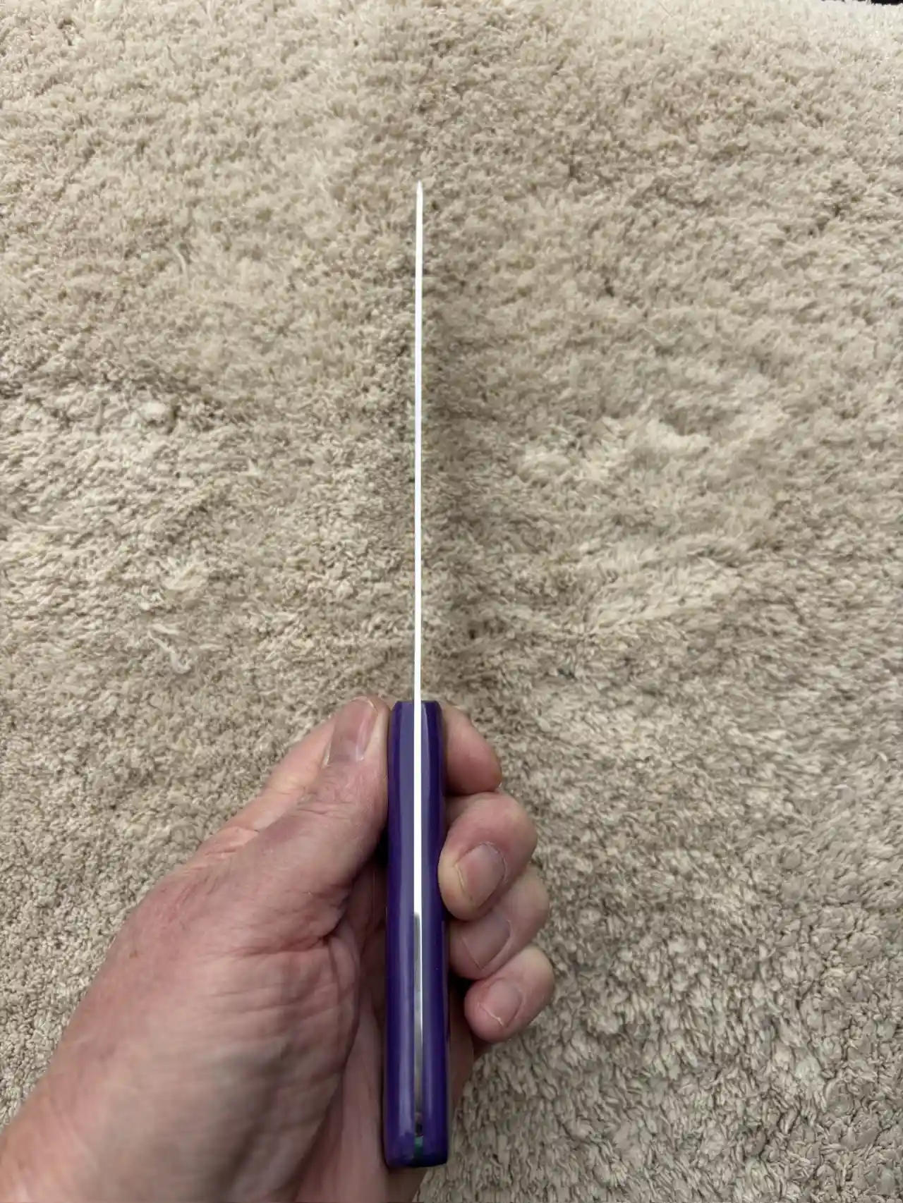 Chefs knife with plum colored micarta handles - spine view