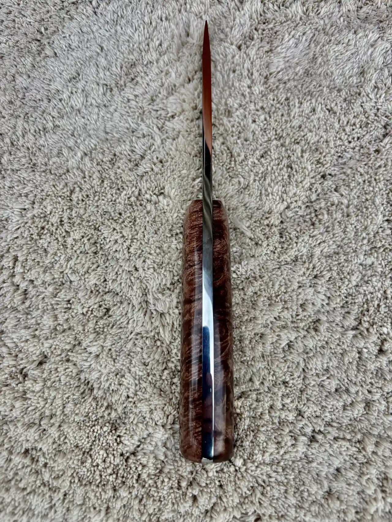 Bushcraft knife with maple burl wood handles - spine view