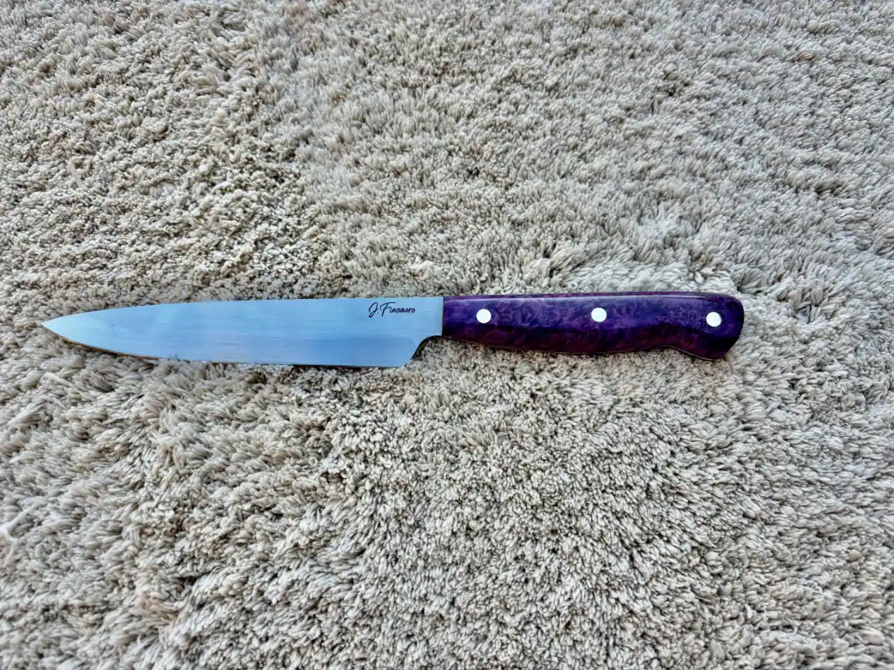 Kitchen prep knife with dyed box elder wood handles - front view