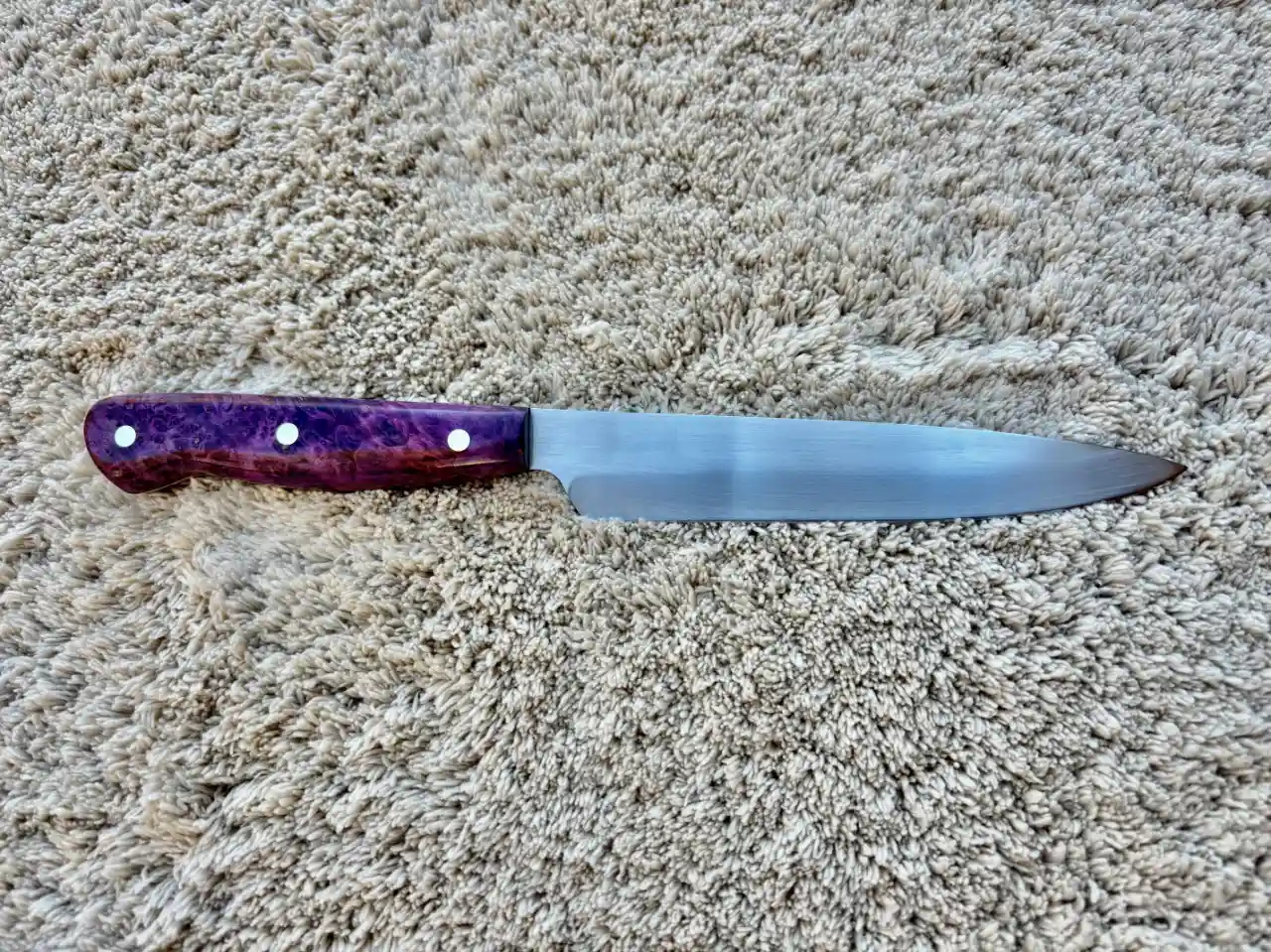 Kitchen prep knife with dyed box elder wood handles - rear view