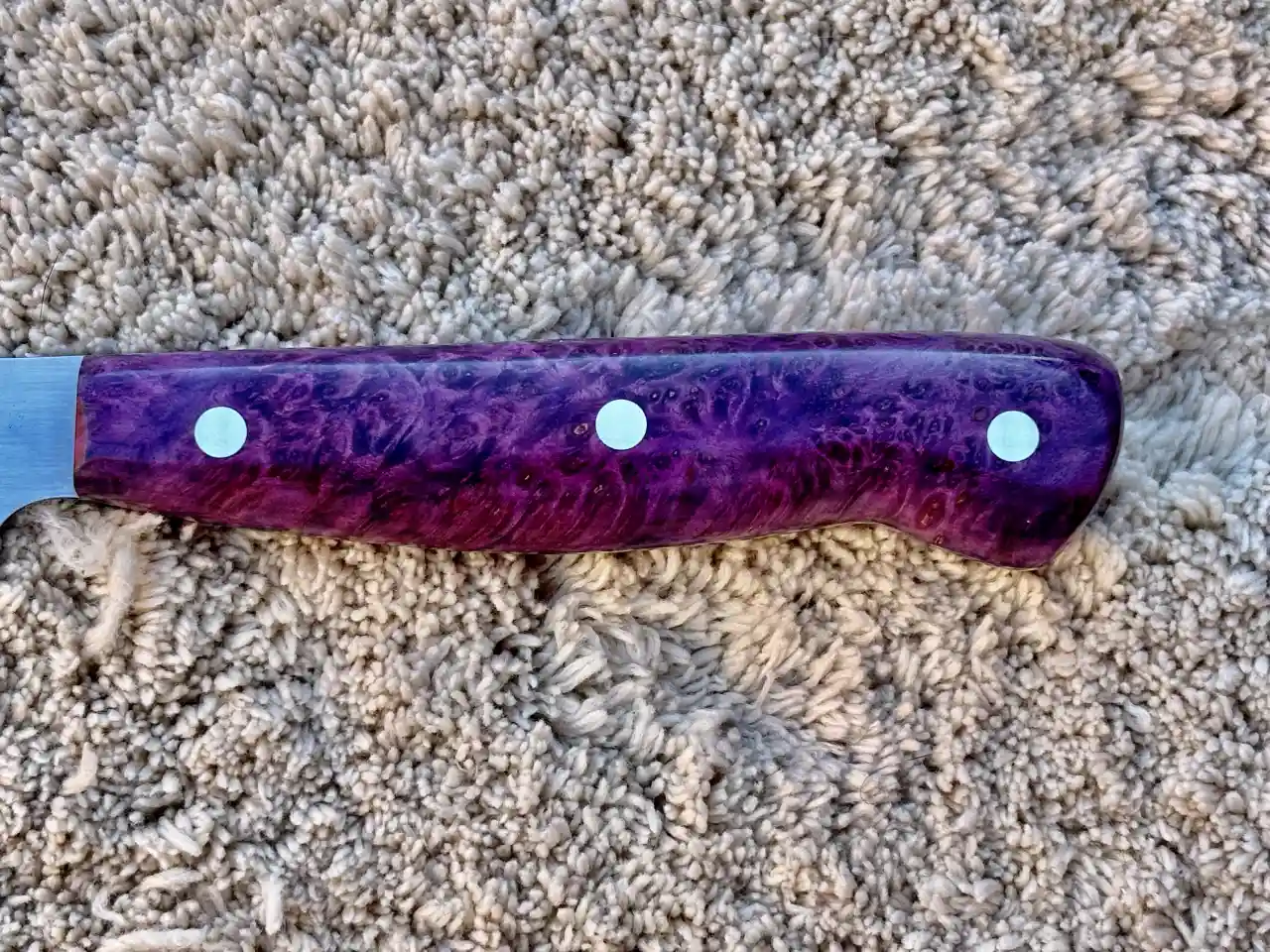 Kitchen prep knife with dyed box elder wood handles - closeup of front handle, front view