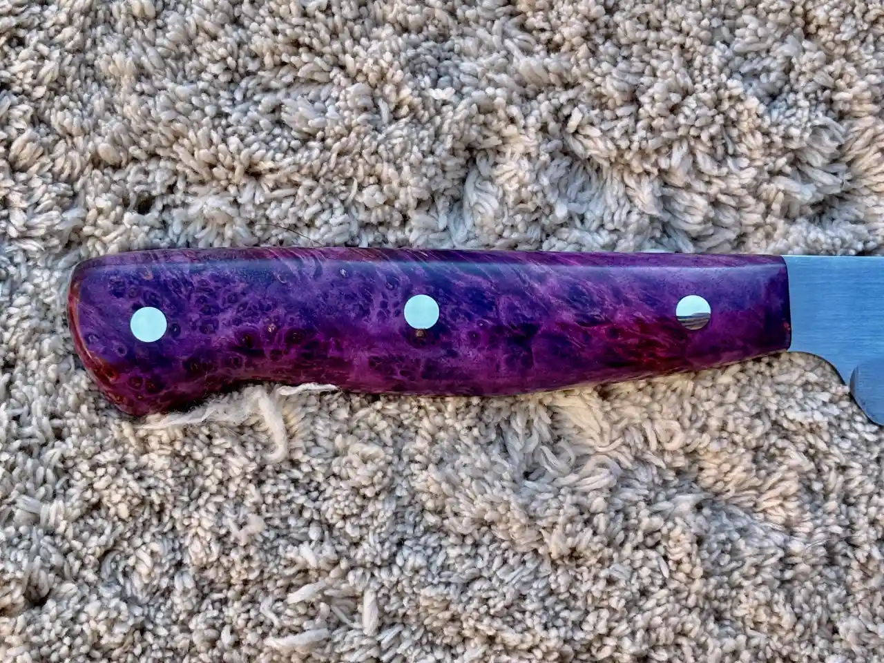 Kitchen prep knife with dyed box elder wood handles - closeup of handle, rear view
