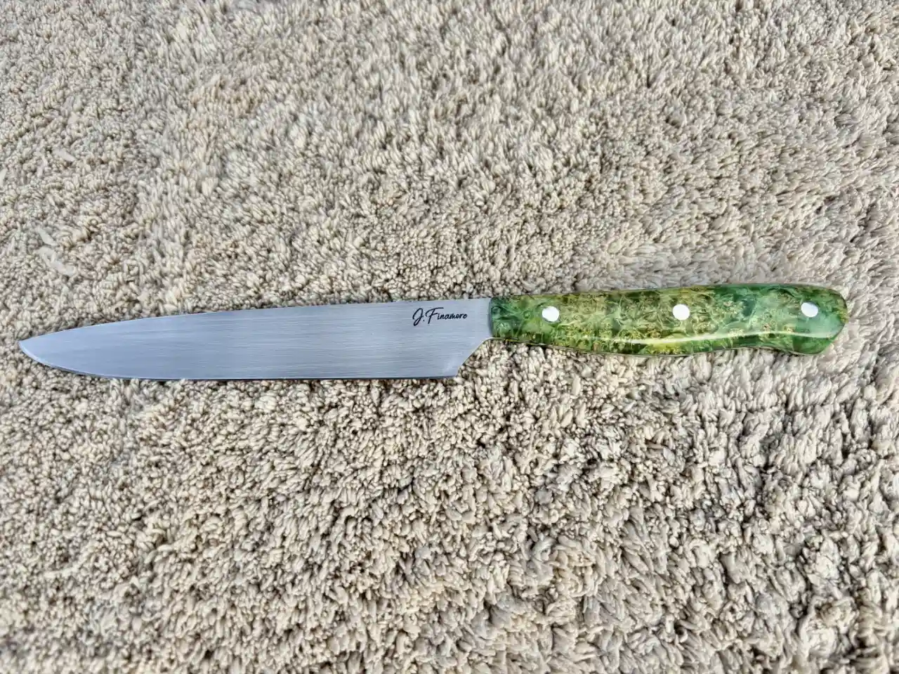 Kitchen prep knife with ddyed box elder wood handles - front view