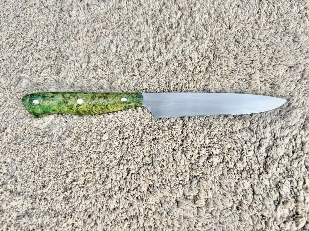 Kitchen prep knife with ddyed box elder wood handles - rear view