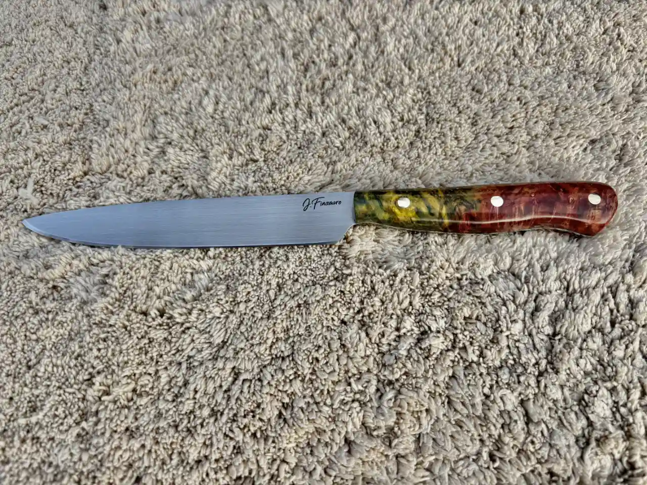 Kitchen prep knife with dyed box elder wood handles - front view