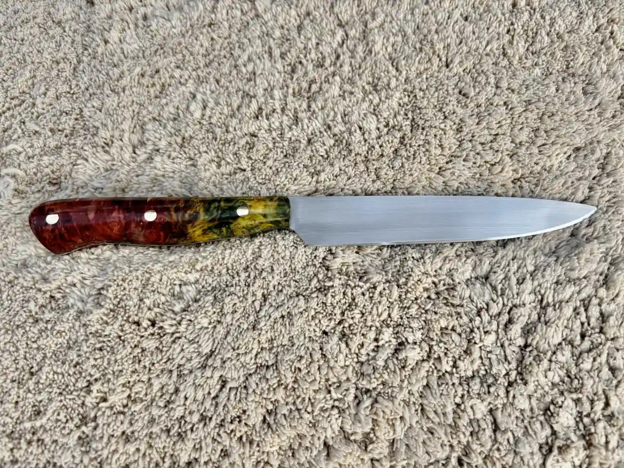 Kitchen prep knife with dyed box elder wood handles - rear view