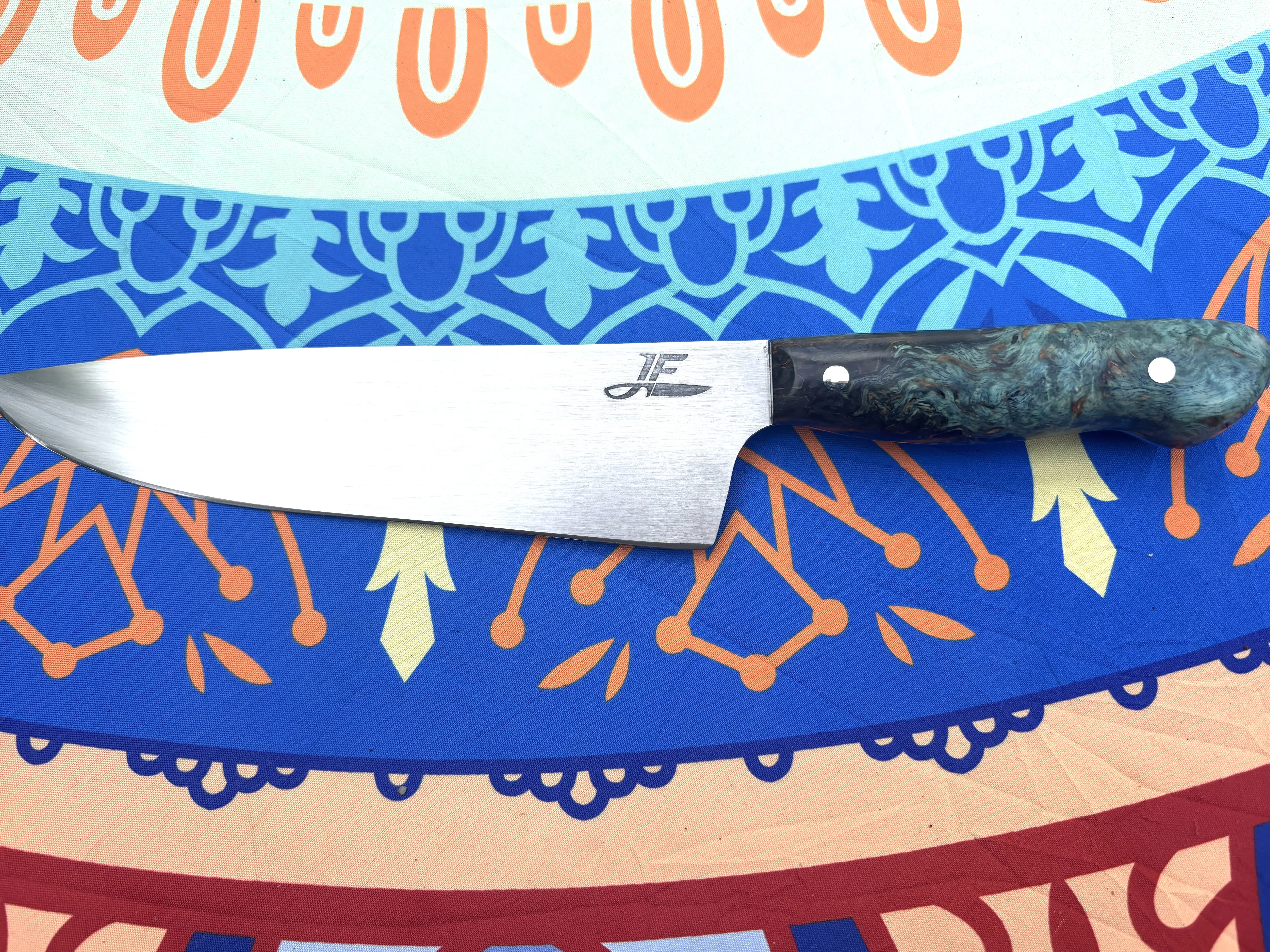 Chefs knife with stabilized karelian birch wood handles - Front view